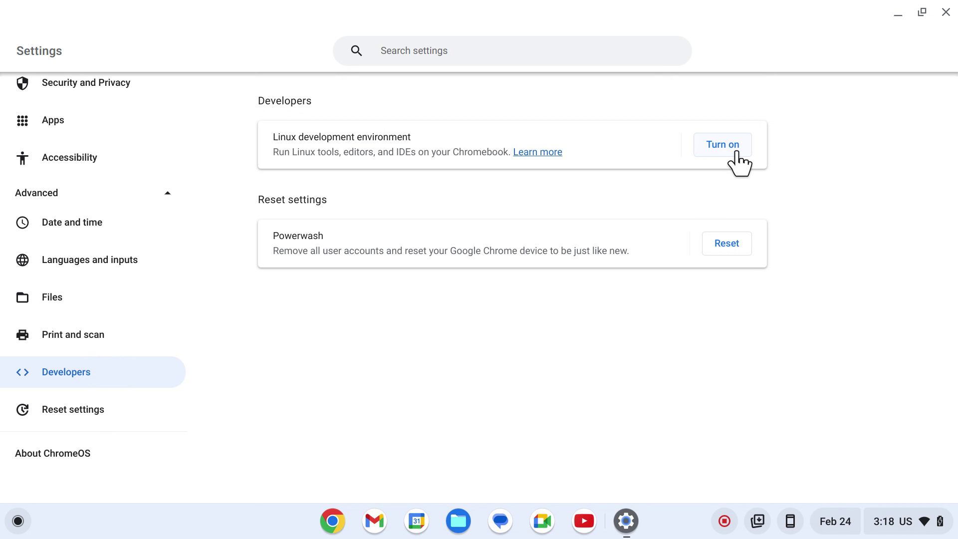 Developer menu in Chrome OS