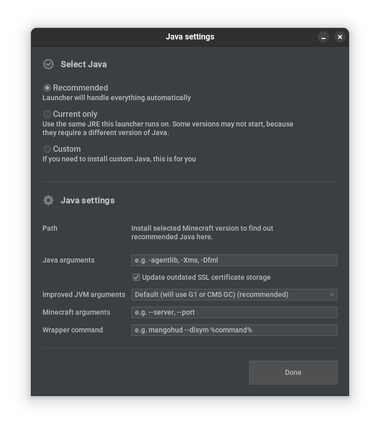 Launcher preferences, JRE settings window